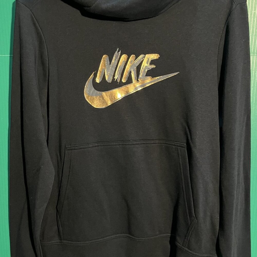 Nike Gold Metallic Logo Hoodie – Black Pullover Sweatshirt Size M
